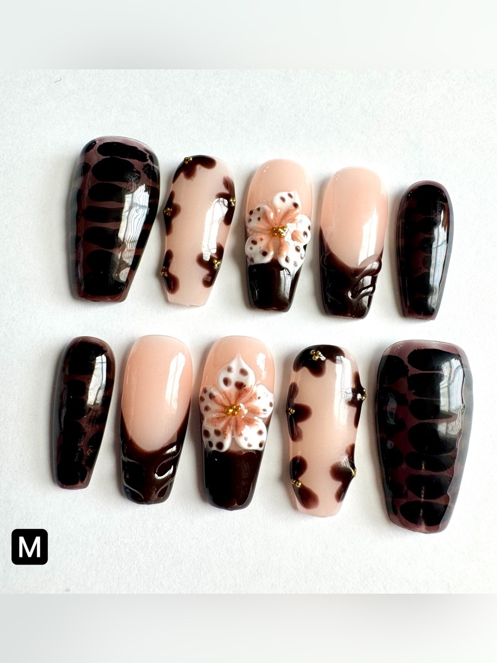 Nude & Dark Brown Floral Press-On Nails
